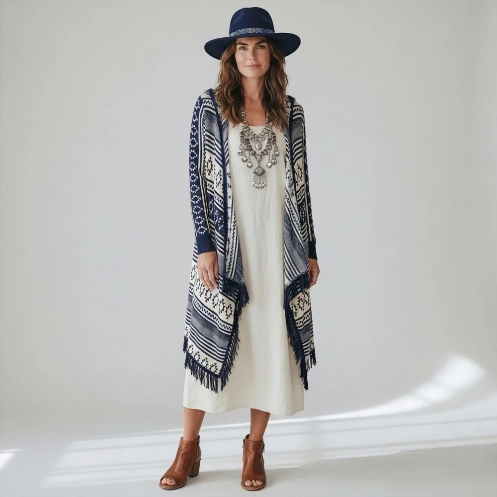 Mia Maddison Boho Fringe stage coach  shawl Navy western Southwest Aztec print